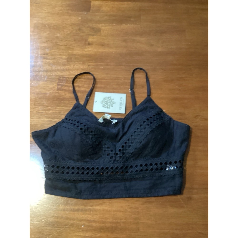 Rebellion Black Cotton Crochet Lace Boho Crop Top Camisole Size Large Festival